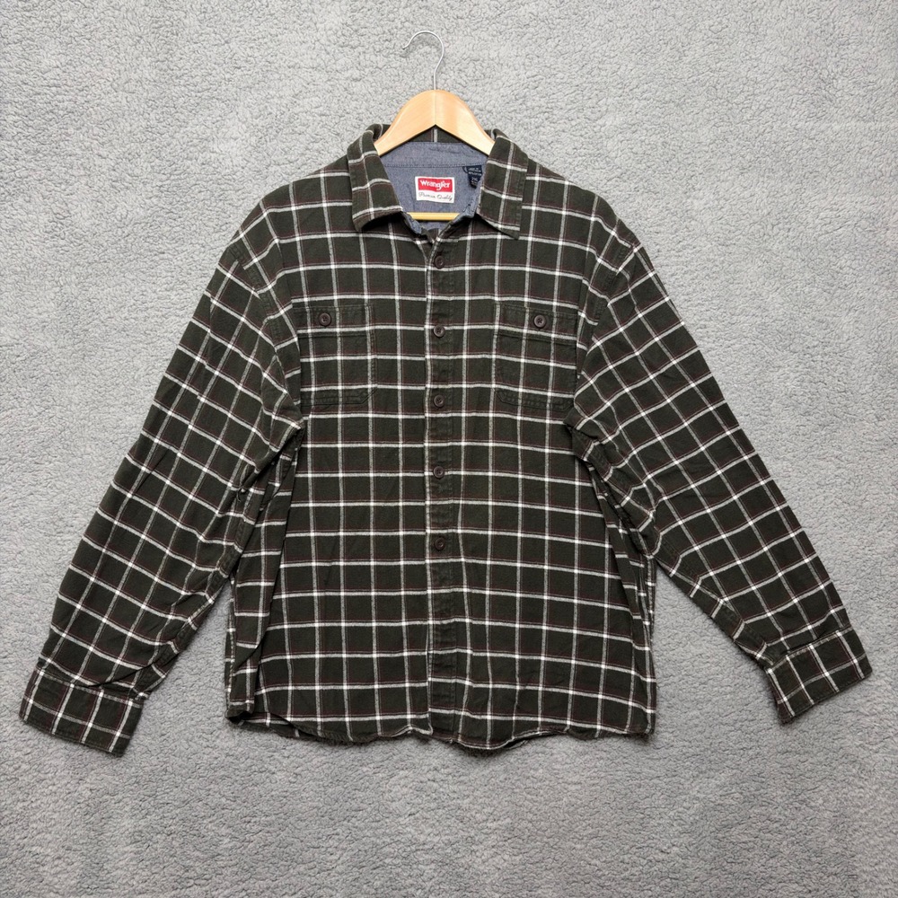 Wrangler Shirt Men L* Olive Green Plaid Flannel Long Sleeve Button Up Outdoor